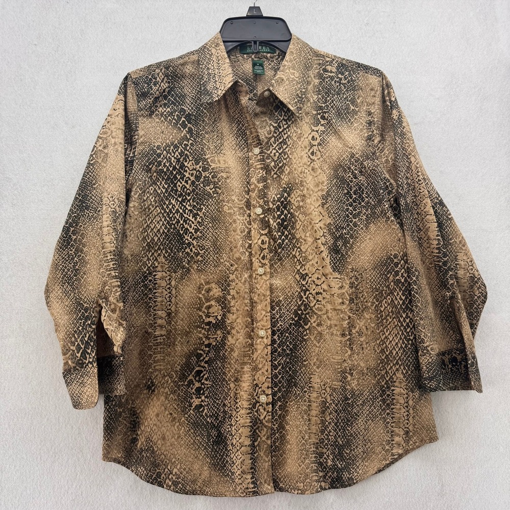 Lauren Ralph Lauren Button Down Top Snakeskin Print Womens M 100 Cotton